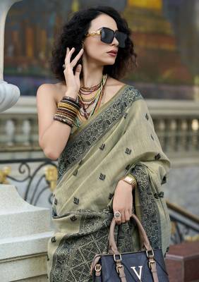 mehndi tissue silk saree with unstitched blouse 4