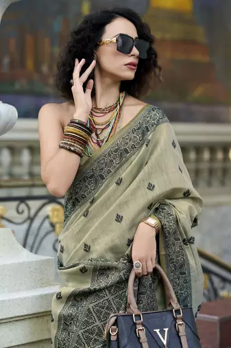 mehndi tissue silk saree with unstitched blouse