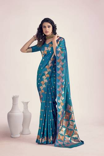 blue banarasi silk blend saree with unstitched blouse