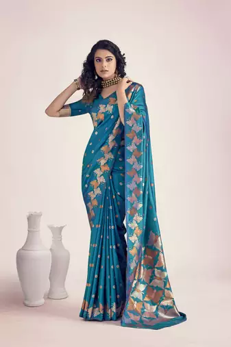 blue banarasi silk blend saree with unstitched blouse