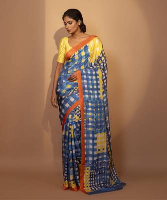 Blue geometric printed silk saree 1