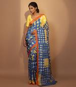 Blue geometric printed silk saree