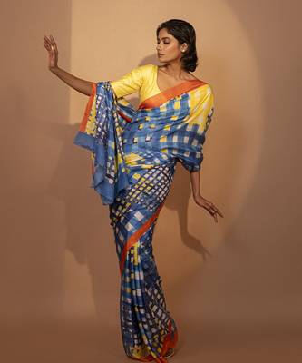 Blue geometric printed silk saree 2