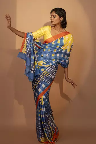 Blue geometric printed silk saree