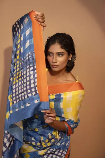 Blue geometric printed silk saree