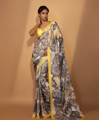 Grey silk floral printed saree 1