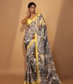 Grey silk floral printed saree