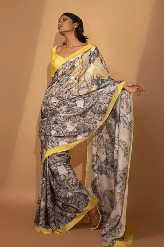 Grey silk floral printed saree
