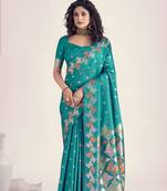 turquoise banarasi silk blend saree with unstitched blouse