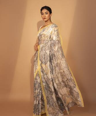 Grey cotton silk stripes printed saree 1