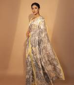 Grey cotton silk stripes printed saree