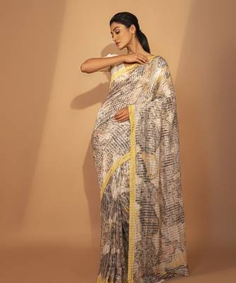 Grey cotton silk stripes printed saree 2