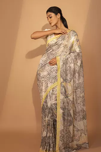 Grey cotton silk stripes printed saree
