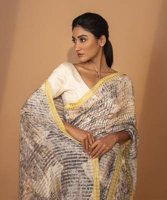 Grey cotton silk stripes printed saree 3