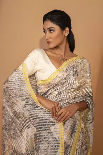 Grey cotton silk stripes printed saree