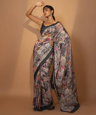Grey floral printed silk saree 1