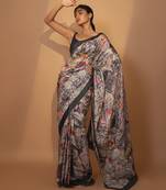 Grey floral printed silk saree