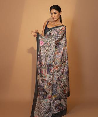 Grey floral printed silk saree 2