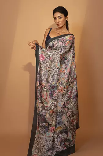 Grey floral printed silk saree