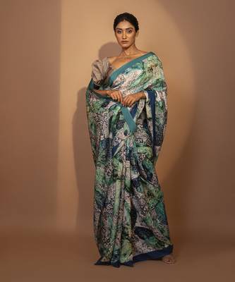 Blue silk floral printed saree 1