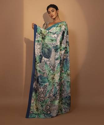 Blue silk floral printed saree 2