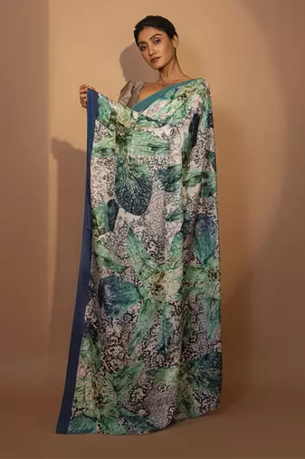 Blue silk floral printed saree