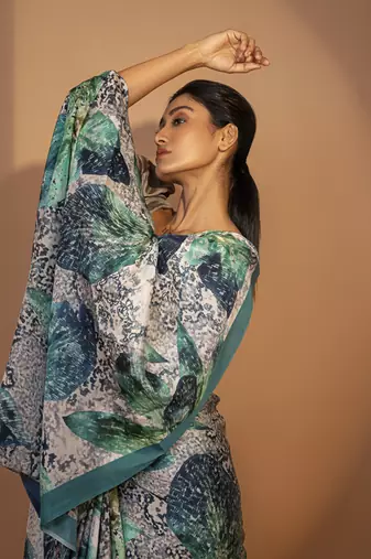 Blue silk floral printed saree