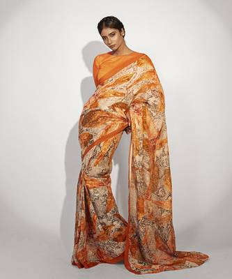 Orange satin floral printed saree 1