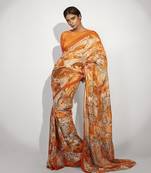 Orange satin floral printed saree