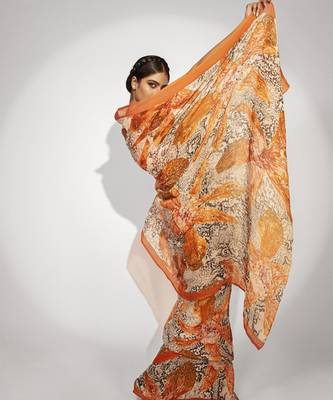 Orange satin floral printed saree 2