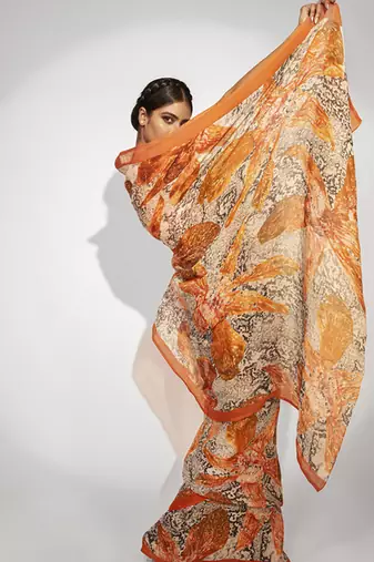 Orange satin floral printed saree