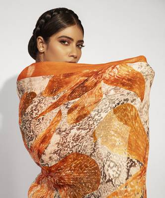 Orange satin floral printed saree 3