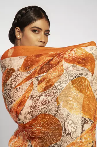 Orange satin floral printed saree