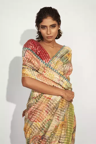   multicolor cotton silk stripes printed saree