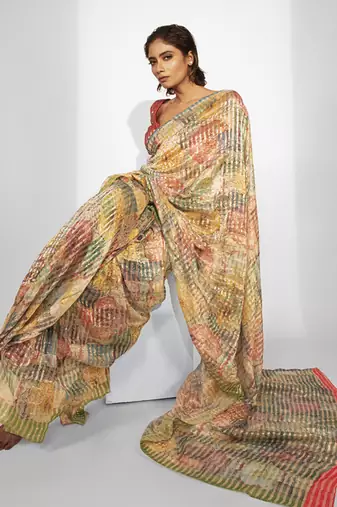   multicolor cotton silk stripes printed saree