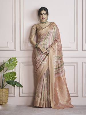 peach khadi silk blend saree with unstitched blouse 1