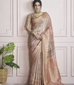 peach khadi silk blend saree with unstitched blouse