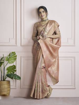 peach khadi silk blend saree with unstitched blouse 2