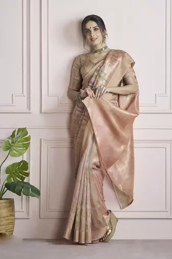 peach khadi silk blend saree with unstitched blouse