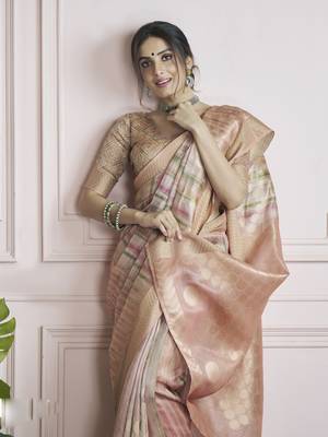 peach khadi silk blend saree with unstitched blouse 3