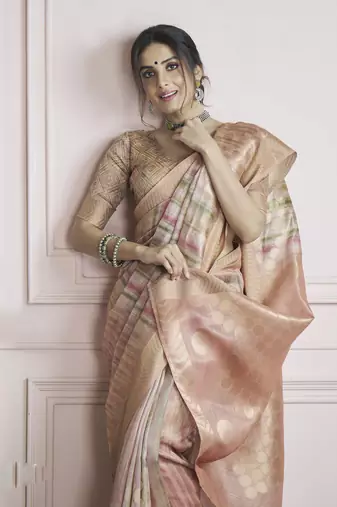 peach khadi silk blend saree with unstitched blouse