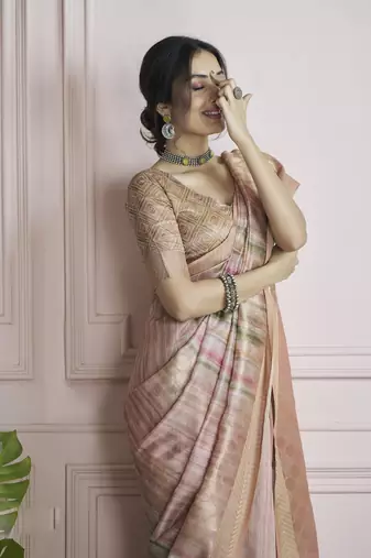 peach khadi silk blend saree with unstitched blouse