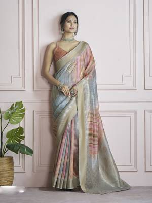 blue khadi silk blend saree with unstitched blouse 1