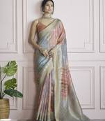 blue khadi silk blend saree with unstitched blouse
