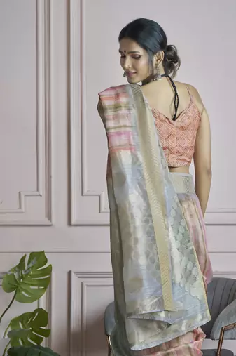 blue khadi silk blend saree with unstitched blouse