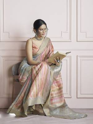 blue khadi silk blend saree with unstitched blouse 3