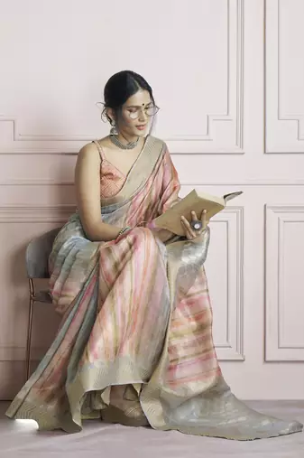 blue khadi silk blend saree with unstitched blouse