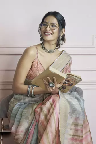 blue khadi silk blend saree with unstitched blouse