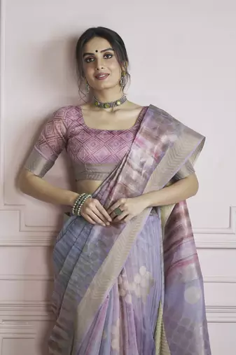 lavender khadi silk blend saree with unstitched blouse