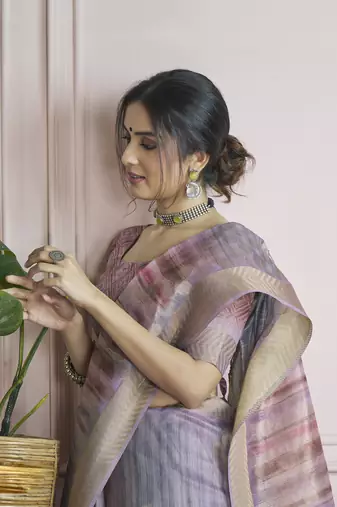 lavender khadi silk blend saree with unstitched blouse